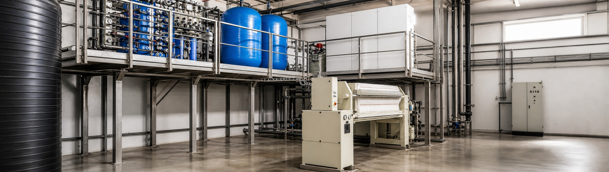 Neutralisationsanlage auf einem Podest mit Kammerfilterpresse