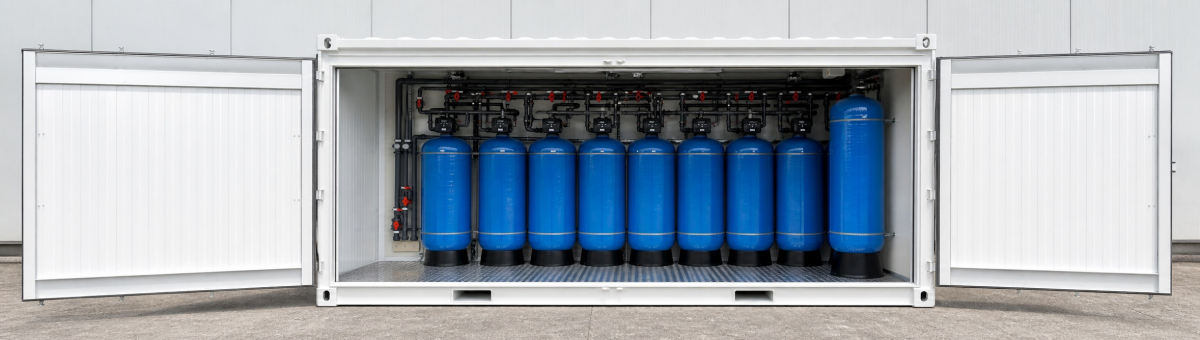 Isolierter Container mit Filteranlagen zur mobilen Wasseraufbereitung